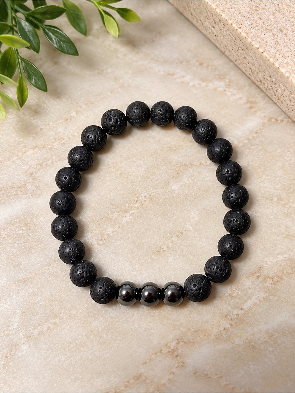 Black Lava Stone Beaded Bracelet with Hematite Accent - Men